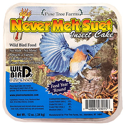 Square suet cake labeled “Insect Suet Dough” in clear packaging, featuring a vibrant image of birds feeding from a wire suet cage. Designed to withstand high heat, this cake is packed with insect protein like mealworms and crickets—ideal for year-round feeding without the mess.